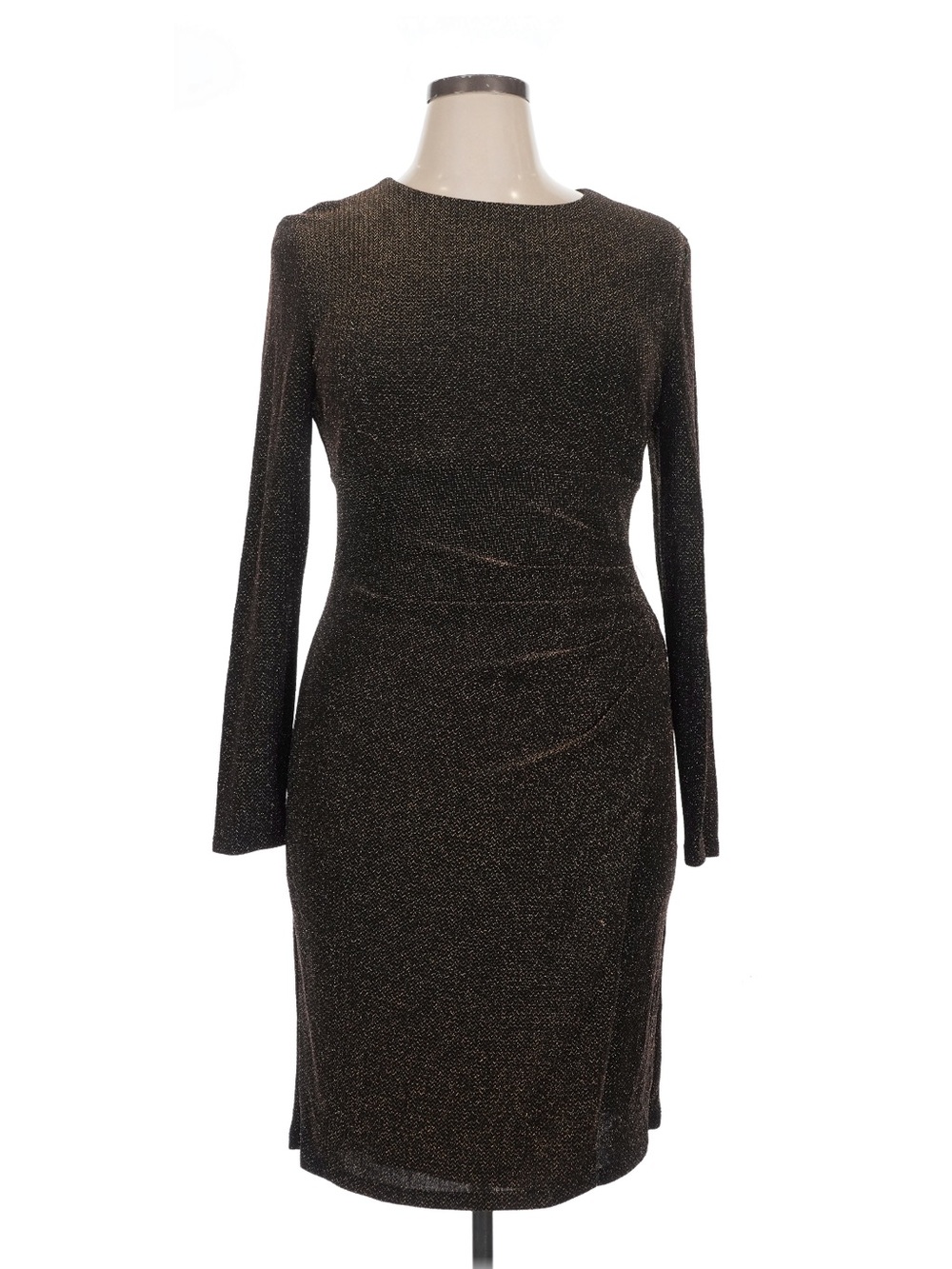 Ralph Lauren Black Gold Metallic Cocktail Dress Size 14 Ruched Sheath Party Midi
